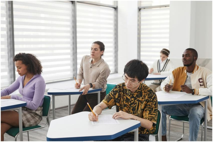 A diverse group of students writing exam papers in