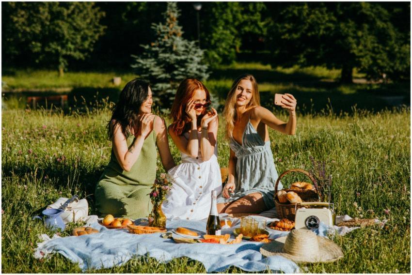 Three women enjoying a summer picnic in a park, ca