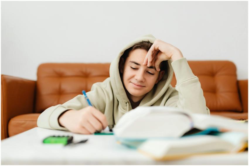 Teenage boy in hoodie smiling and writing while st