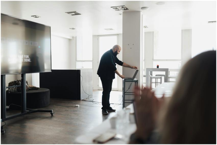 Professional presentation setting with a screen an