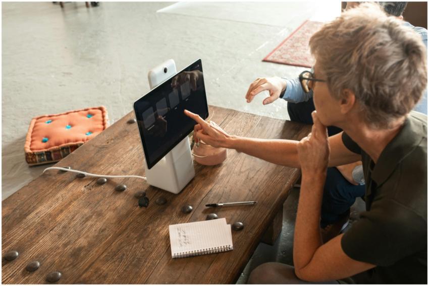Elderly woman engaged in online learning via a dig