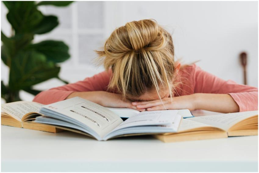 A young girl falls asleep on a desk surrounded by