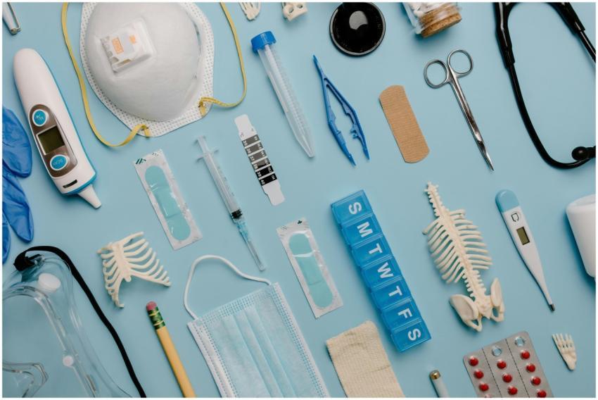 A comprehensive flat lay of diverse medical suppli
