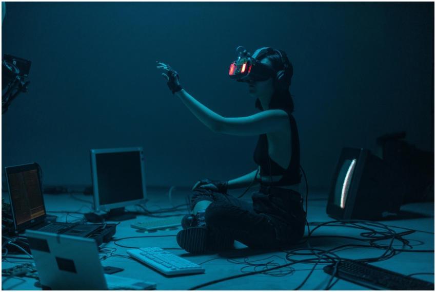 Woman immersed in virtual reality, surrounded by t