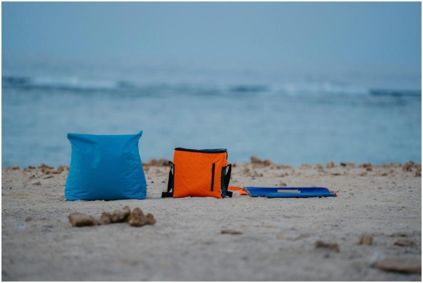 Camping gear set on peaceful Marsa Alam beach in E