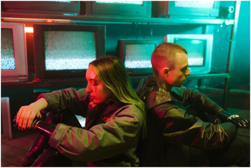 A futuristic scene capturing two individuals in a