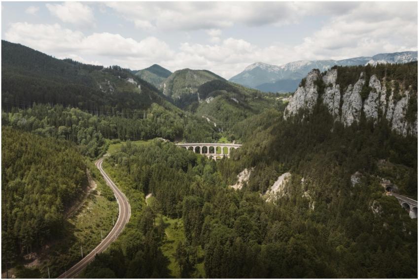 Stunning aerial view of alpine viaduct and lush fo