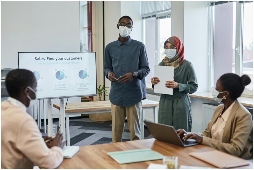 Business team presenting sales data while wearing