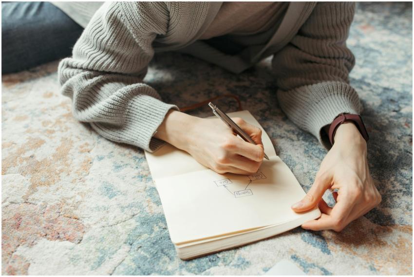 An adult writing a flowchart on a notebook while s