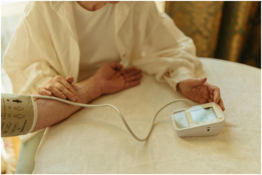 A senior adult checking their blood pressure with