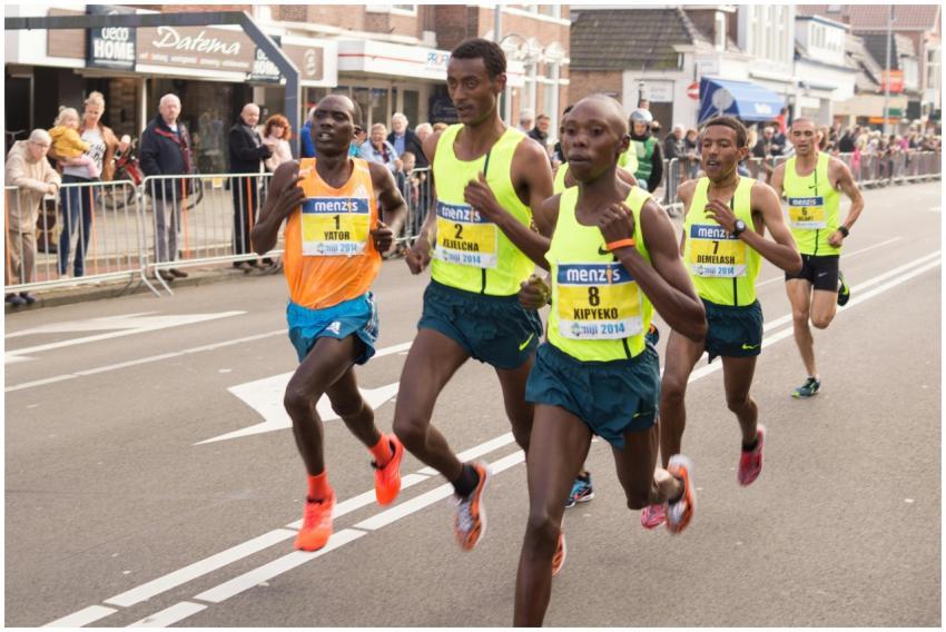 Marathon runners racing in a city street with visi
