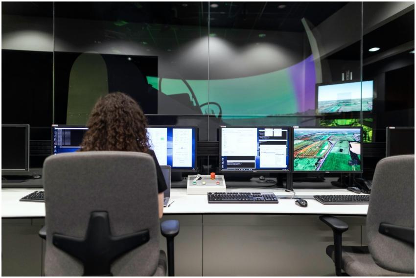 Female engineer managing multiple screens during a
