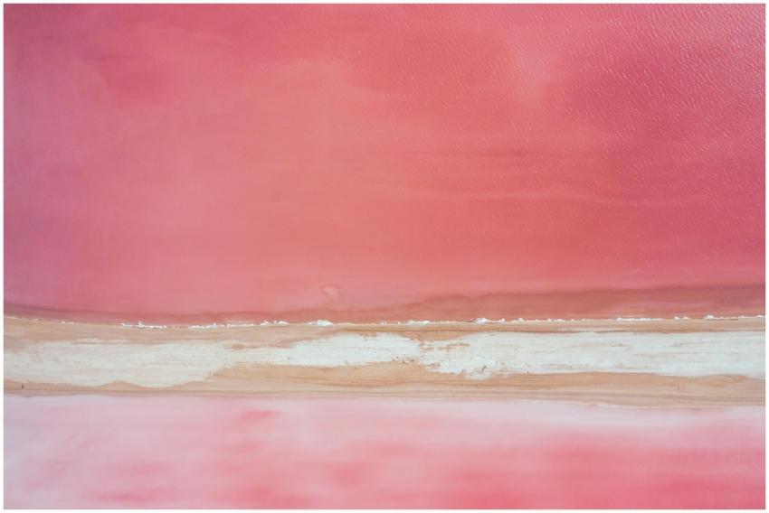 Aerial photograph of a striking pink salt lake lan
