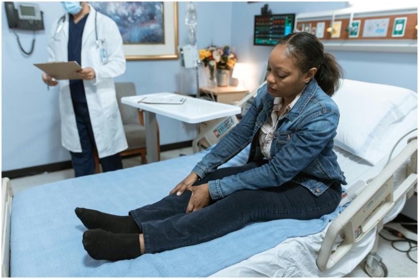 A woman sits on a hospital bed during a medical co