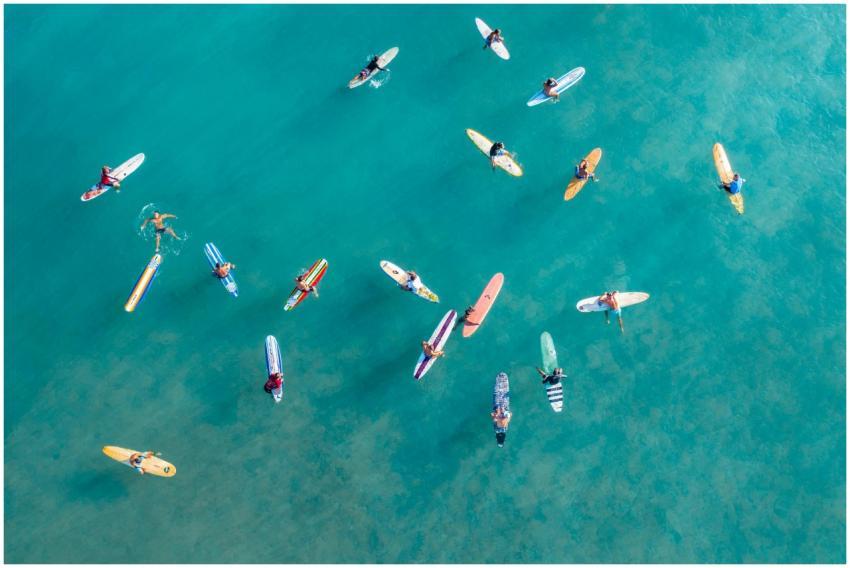 Aerial photograph of surfers paddling in the vibra
