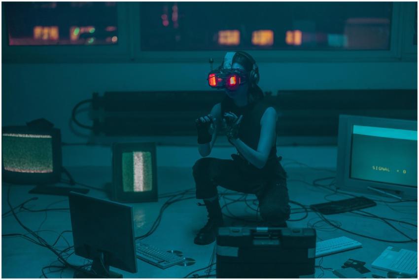 A woman crouching with VR headset in a sci-fi room