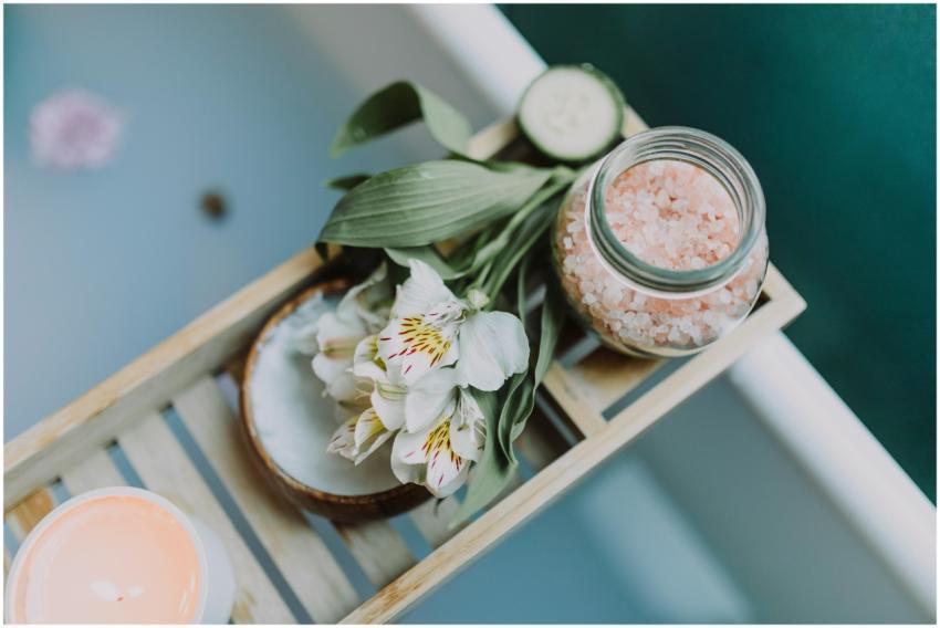 Spa essentials on a tray with Himalayan salt, flow