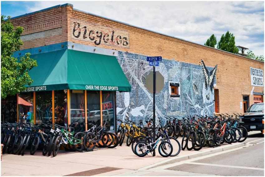 Bicycles lined up outside Over the Edge Sports sho