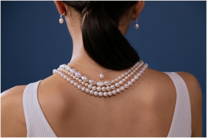 Elegant pearl necklace adorned on a woman's neck a