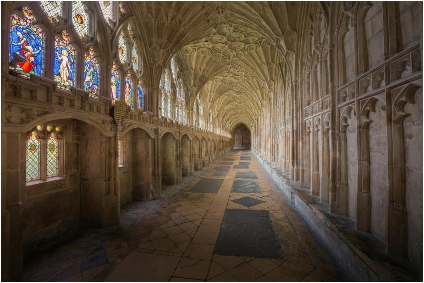 Gothic cloisters of Gloucester Cathedral showcasin