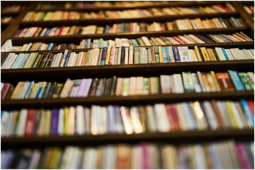 A low angle view of bookshelves filled with books