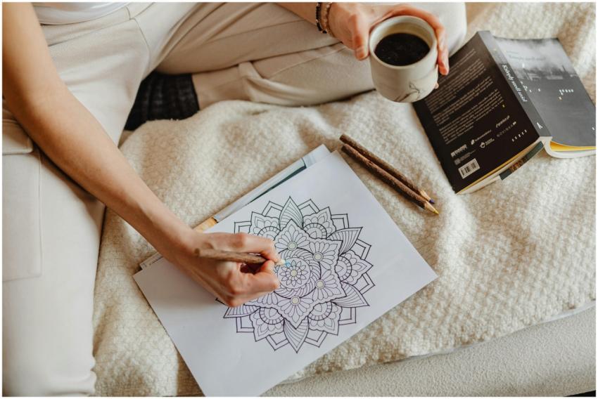 A woman enjoys a cozy moment with coloring, books,