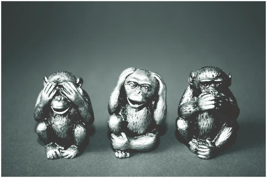 Black and white photo of three wise monkeys figuri