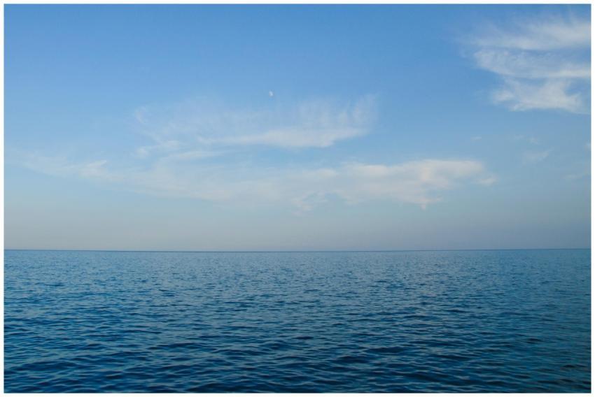 Calm ocean view with clear blue sky, perfect for b