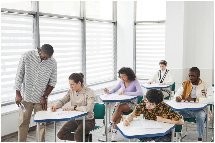 A diverse group of students taking a test in a cla