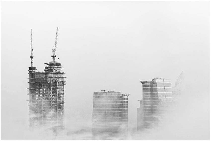 Black and white photo of Dubai skyline with skyscr