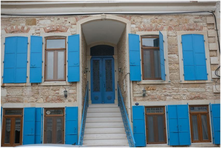 Elegant facade of a stone house in Foça, Türkiye,