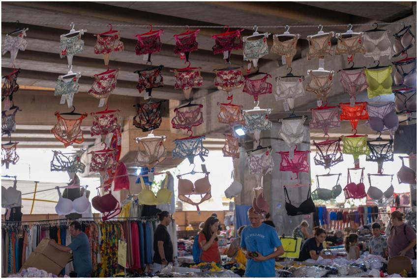 Colorful market in İzmir with hanging lingerie, ca