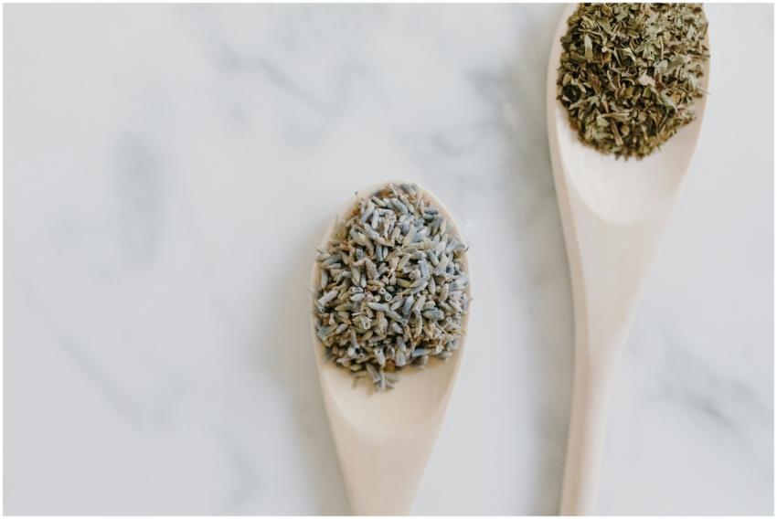 Aesthetic close-up of dried lavender and herbs on