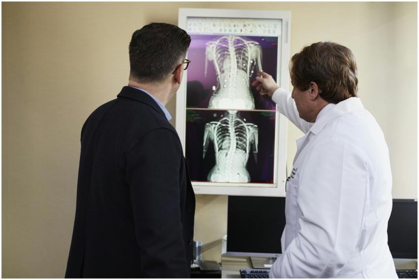 A doctor explains X-ray results to a patient in a