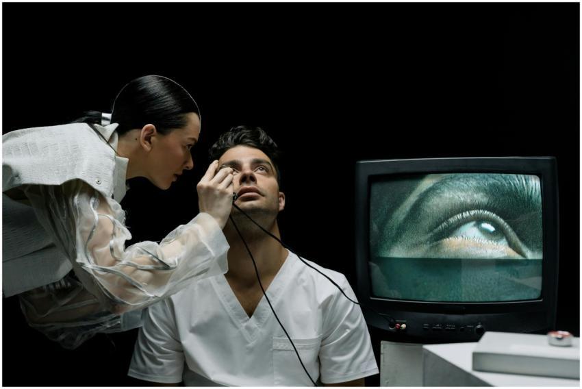 Technician performing eye exam using advanced medi