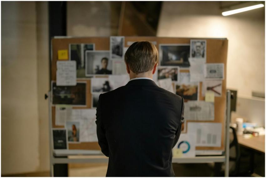A detective in a suit examines a bulletin board wi