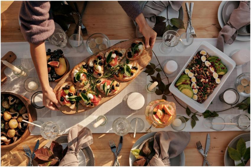 Overhead view of a stylish dinner party setup feat