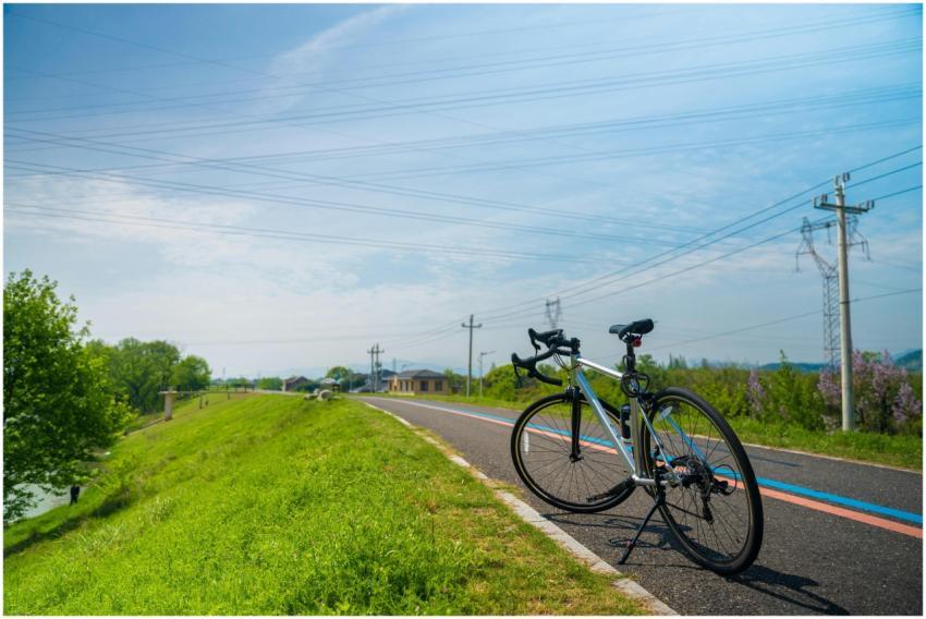 A bicycle resting on a picturesque country road in