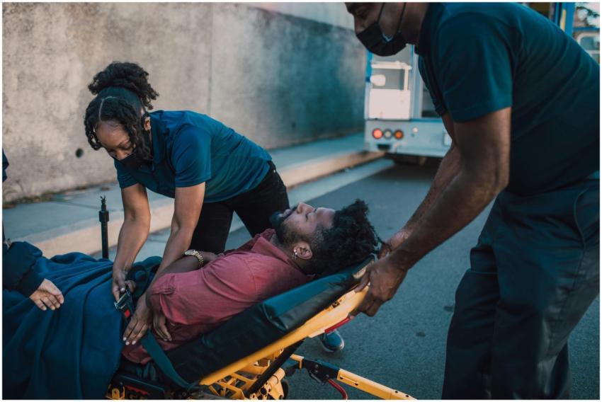 Emergency healthcare scene with paramedics aiding