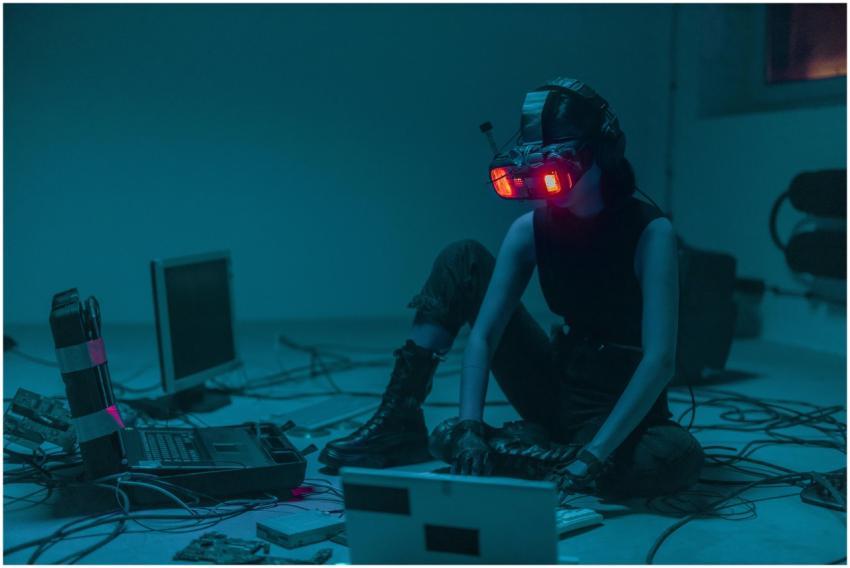 A person in a VR headset hacking in a moody, neon-