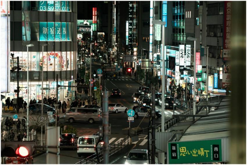 Vibrant nightlife and traffic in Shinjuku, Tokyo,