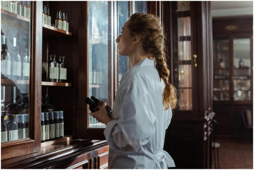 Woman in white coat examines medicine bottles in a
