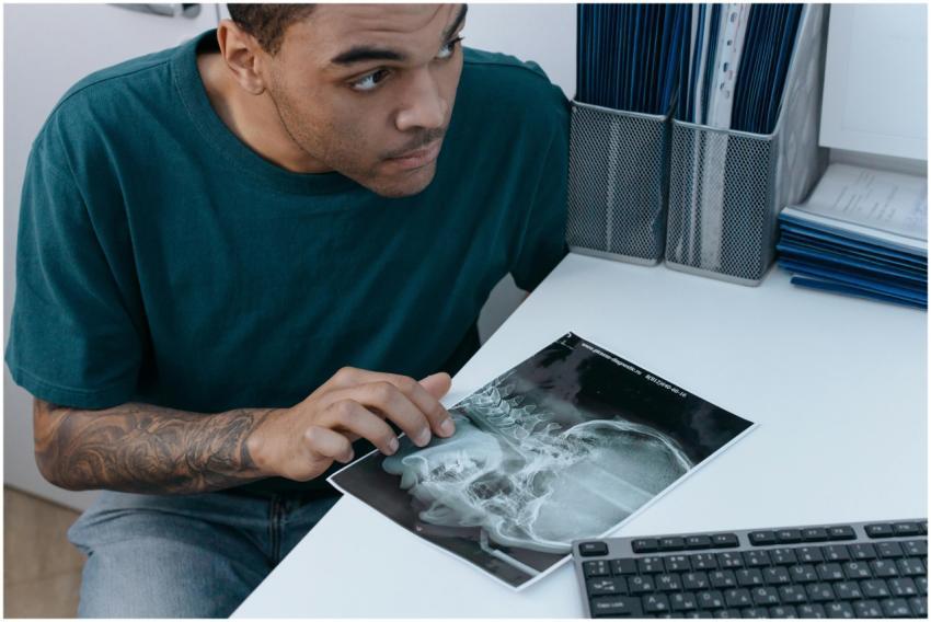 Man looking at a dental x-ray in a clinical settin