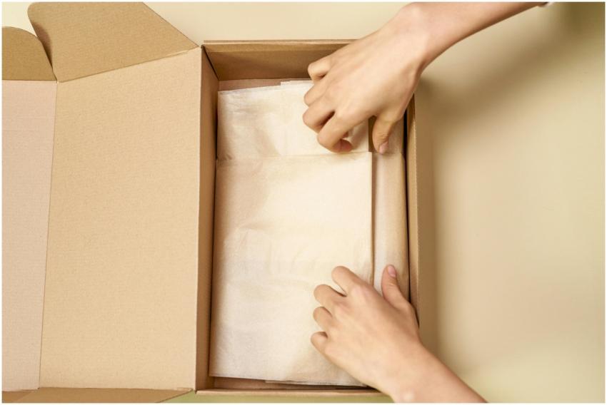 Close-up of hands packing brown paper into a cardb