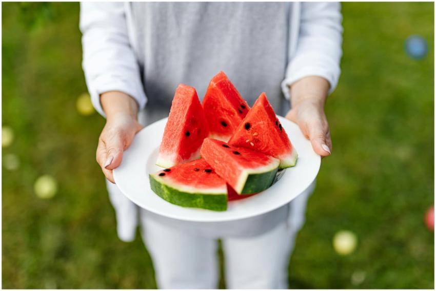 Hands holding a plate of juicy watermelon slices o