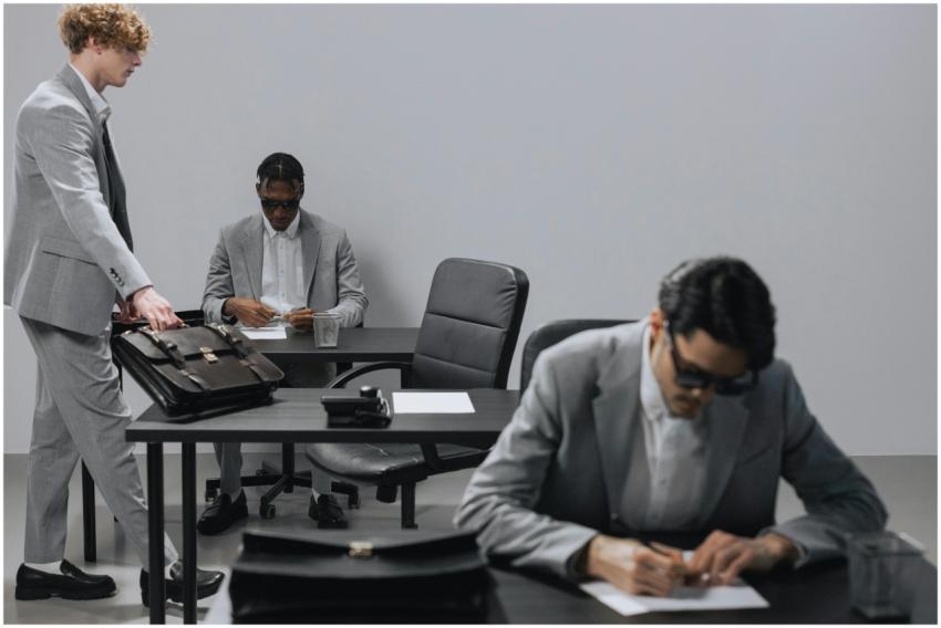 Business office with diverse employees in gray sui