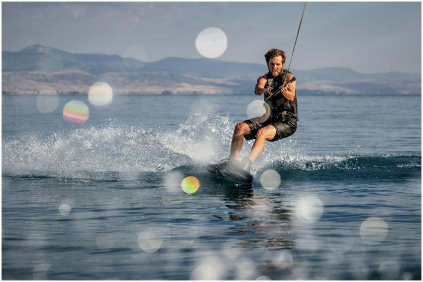 A man skillfully wakeboarding on the open sea, sho