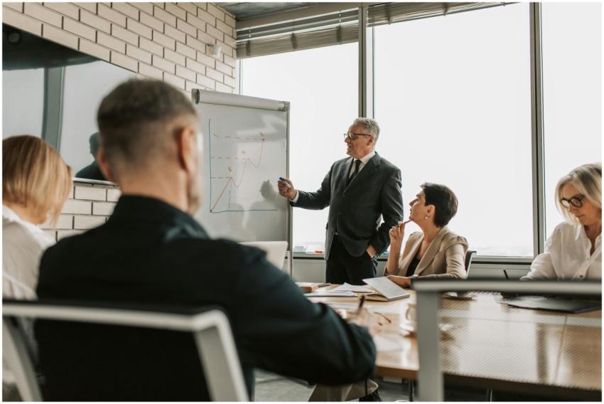 Senior leader presenting growth charts in a busine