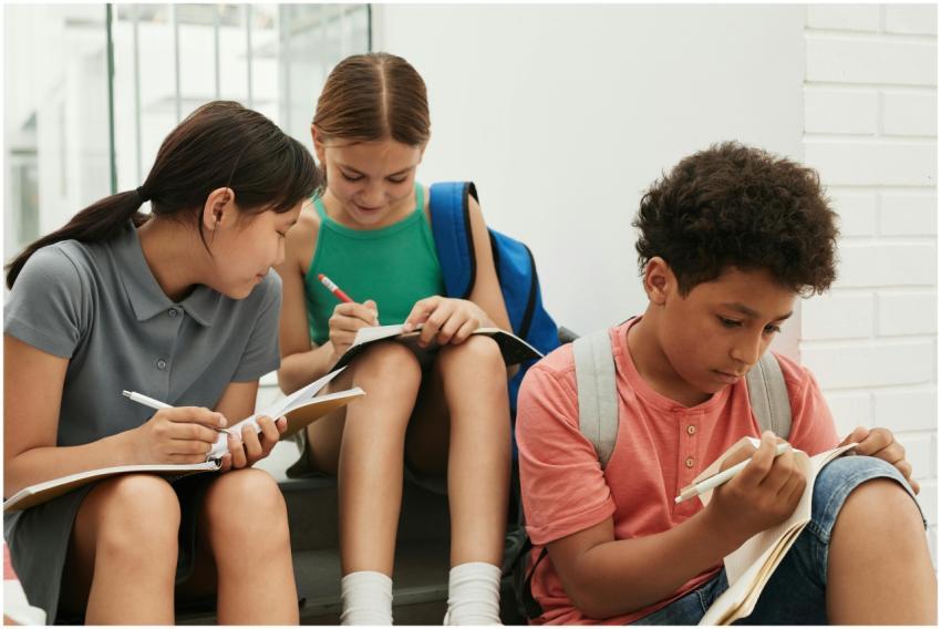 Children of diverse backgrounds studying together,