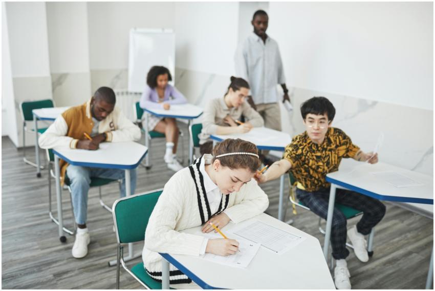 Group of students taking a test in a modern colleg